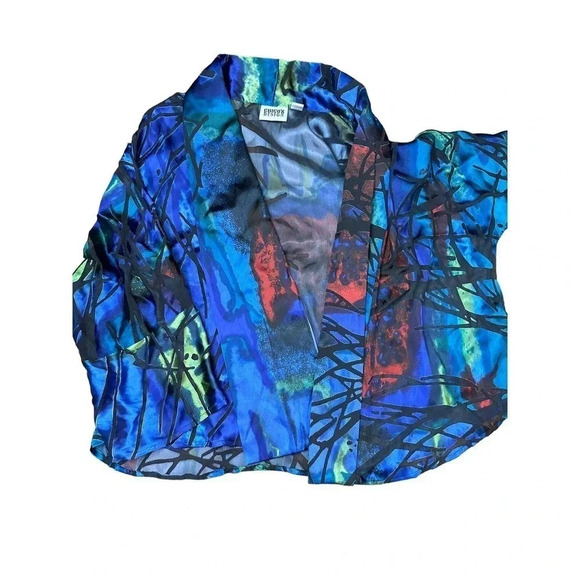 Chico's Design Silk Blend Blue Abstract Print Open Front Cardigan Jacket Size 2 - Picture 1 of 4